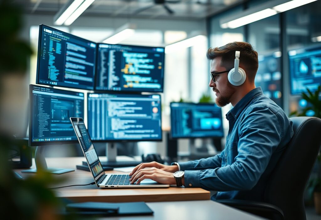 Developer coding an AI-driven website, showcasing innovative web development techniques and design.