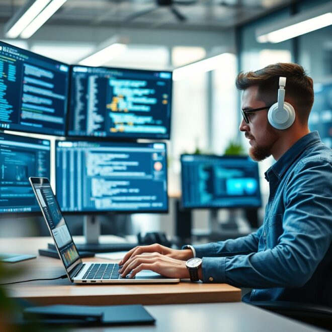 Developer coding an AI-driven website, showcasing innovative web development techniques and design.