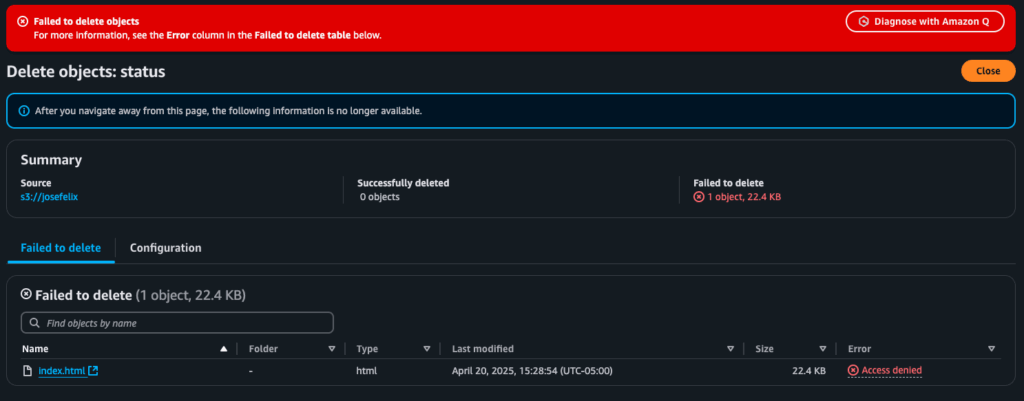 Static Website On Aws S3 Delete Object Denied | Jose Felix Cruz Static Website On Aws S3 Delete Object Denied