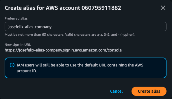 Creating AWS IAM account alias for enhanced security and usability AWS IAM Account Alias Creation Screen With Custom Sign-In URL - Jose Felix Cruz