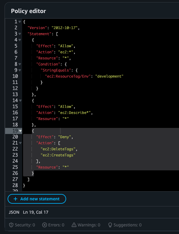Creating least privilege IAM policy with tag-based conditions in AWS AWS IAM Policy Editor Showing JSON Policy With Tag-Based Conditions - Jose Felix Cruz