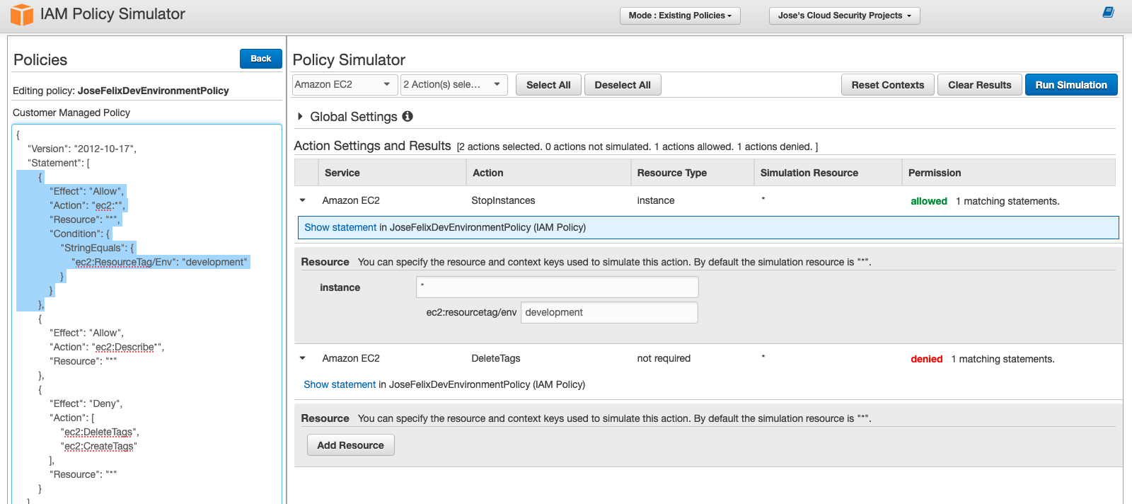 IAM Policy Simulator demonstrating tag-based access control for EC2 AWS IAM Policy Simulator Showing Tag Based Permission Evaluation - Jose Felix Cruz